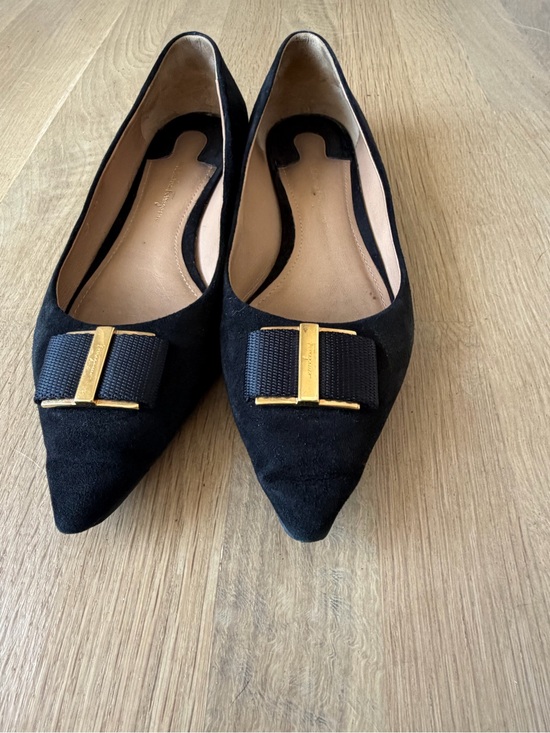 Salvatore Ferragamo Shoes - Salvatore Ferragamo Black Suede Pointed-Toe Vara Bow Flats